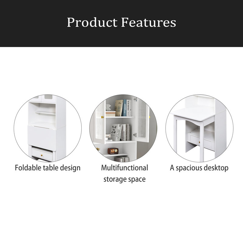 Fold-Out Convertible Writing Table, Desk Cabinet With Shelf And Drawer Multi-Function Home Office Workstation, White