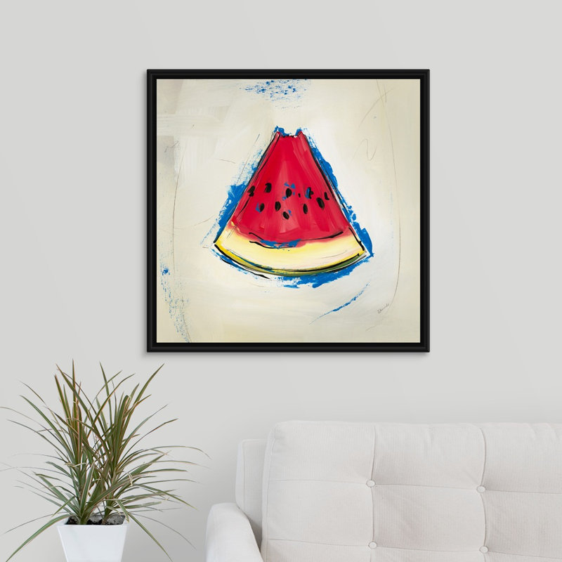« picnic party v », peinture sur toile, H 25,7 po x l 25,7 po x p 1,75 po, Cadre flottant noir