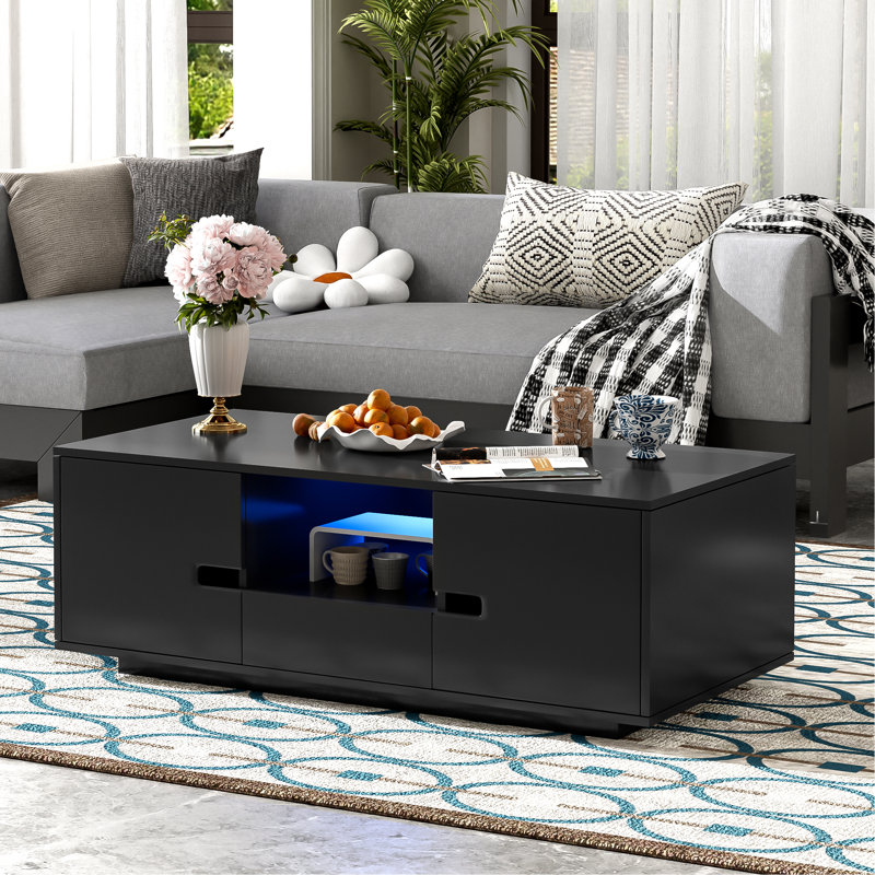 Table basse rectangulaire, table d'appoint avec espace de rangement, table centrale avec 16 lumières DEL de couleur pour le salon