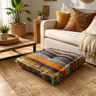 Repose-pieds pouf à assise basse fait à la main 16 po x 16 po x 4 po Boho