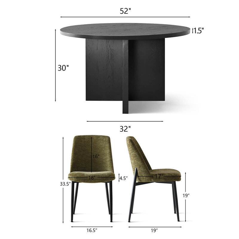 Modern 5-Piece Round Dining Set With Pedestal Base Table And Upholstered Side Chairs, Green