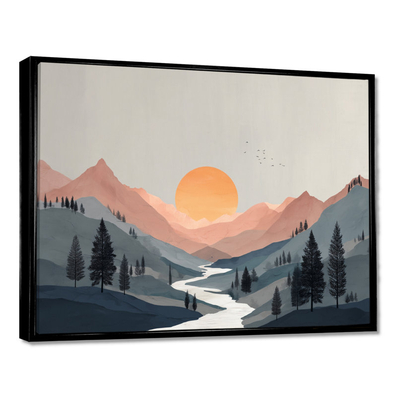 Été coucher de soleil dans les montagnes - art mural côtier, impression sur toile jaune, H 34 po x l 44 po, Cadre flottant
