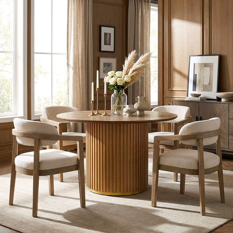 Ensemble de table de salle à manger à piédestal rond 5 pièces avec chaises rembourrées Logan, Frêne clair