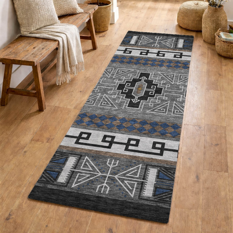 Machine Washable Indoor/Outdoor Chantille Tribal Rug, Black, 2'3" x 7'6" Runner