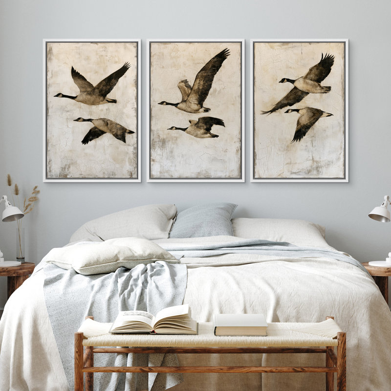 Chaleureux sépia beige, oiseaux volants, nature rétro, triptyque, toile encadrée, œuvre d'art de la chambre principale, ensemble de 3 pièces