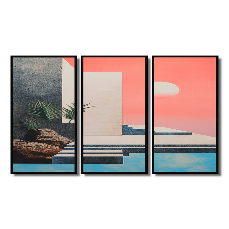 Katherina - ensemble d'art mural abstrait paysage, Cadre flottant noir, H 32 po x l 48 po x P 1 po