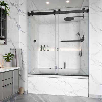 Porte de douche sans cadre KAVRTON l 56 "à 61" x H 66 ", porte de douche coulissante double en noir mat, verre trempé transparent de 3/8" (10mm) certifié par la GCCS avec barre à serviettes et poignée