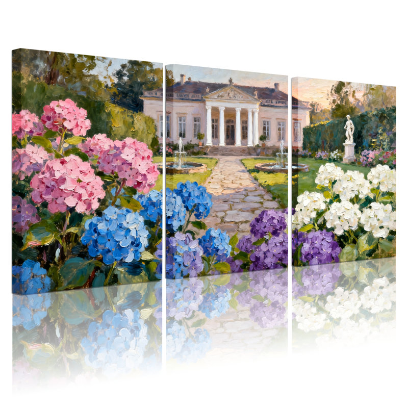 Ensemble de 3 tableaux sur toile tendue représentant une villa et un jardin d'hortensias, H 24 po x l 48 po