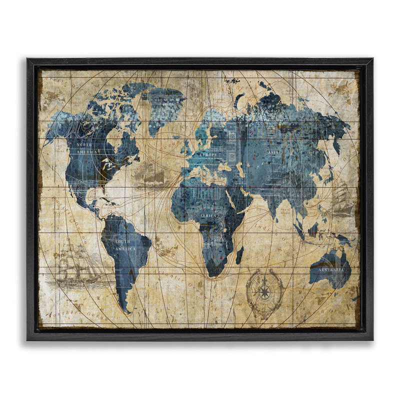 Art mural rétro sur carte du monde abstrait par Art Licensing Studio, Cadre flottant noir de jais, H 17 po x l 21 po