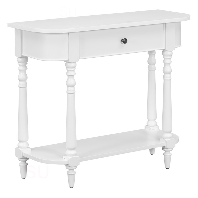 Narrow Console Table With Curved Corner, Retro Entryway Table With Top Drawer And Open Shelf, Sofa Table Console Tables For Entryway, Hallway And Living Room