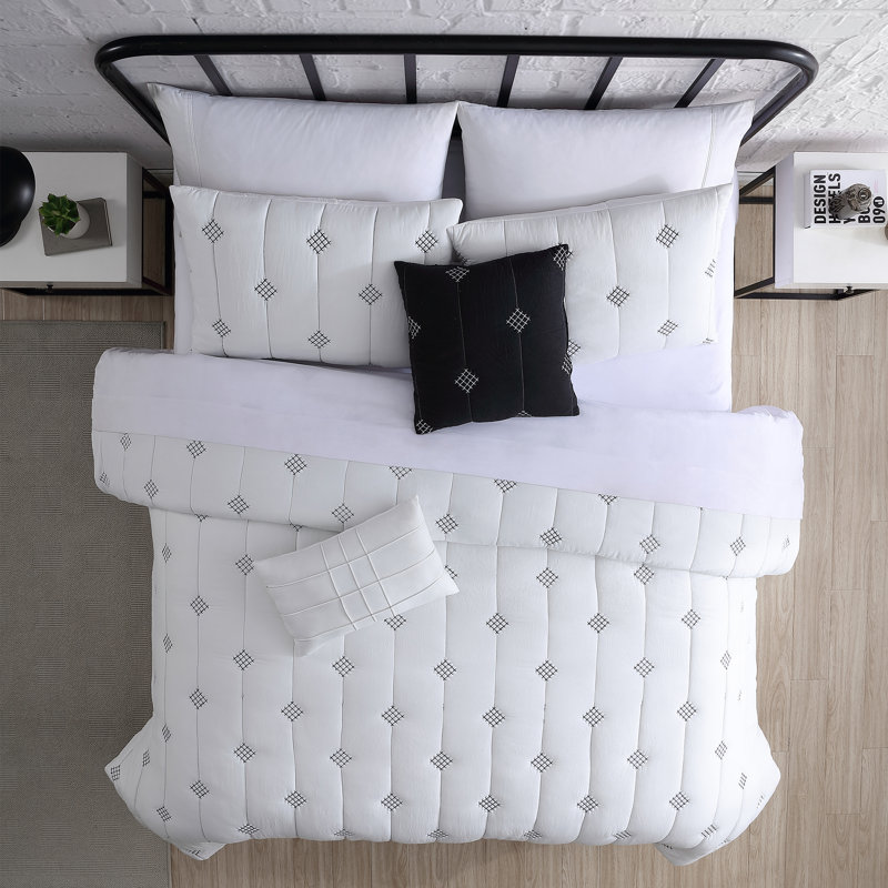 Eldon Microfiber 5 Piece Quilt, Queen Comforter + 2 Shams + 2 Throw Pillows, Ivory