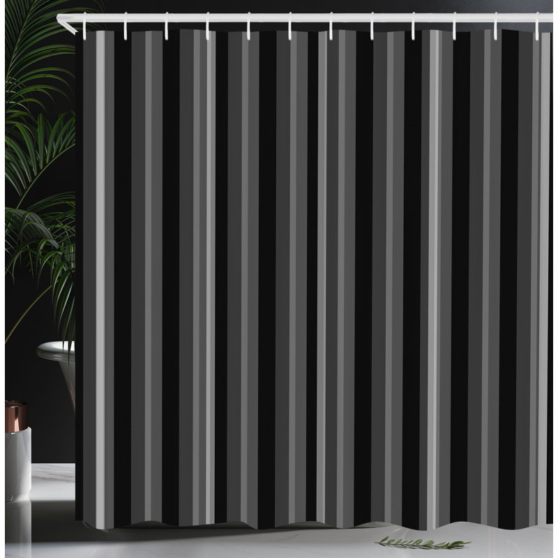 Black and Gray Striped Fabric Shower Curtain with Hooks