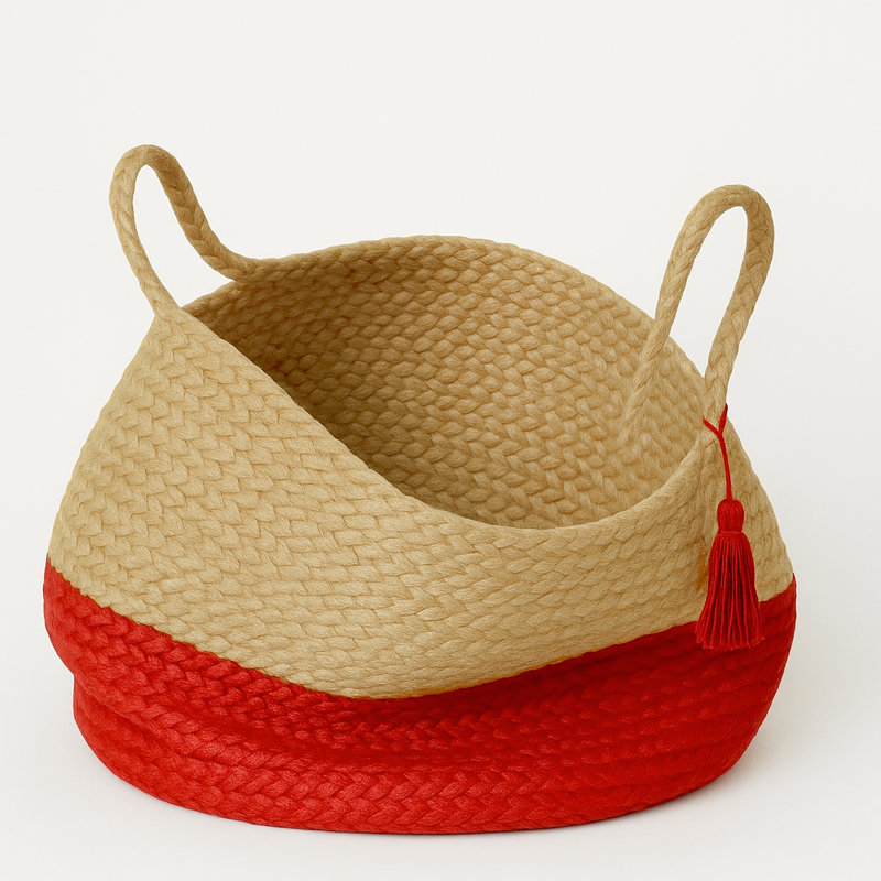 Handmade Natural Jute Relaxed Storage Basket, 17" H x 17" W x 17" D, Tan/Red