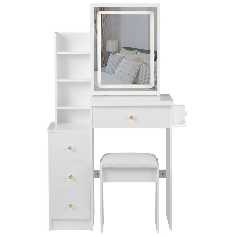 Petite coiffeuse 29,2 po avec tabouret de chevet gauche + tabouret rembourré, 2 blocs d'alimentation CA + 2 ports USB, support pour sèche-cheveux, très grand miroir à DEL coulissant à contrôle tactile, changement de couleur tricolore, réglage de la luminosité
