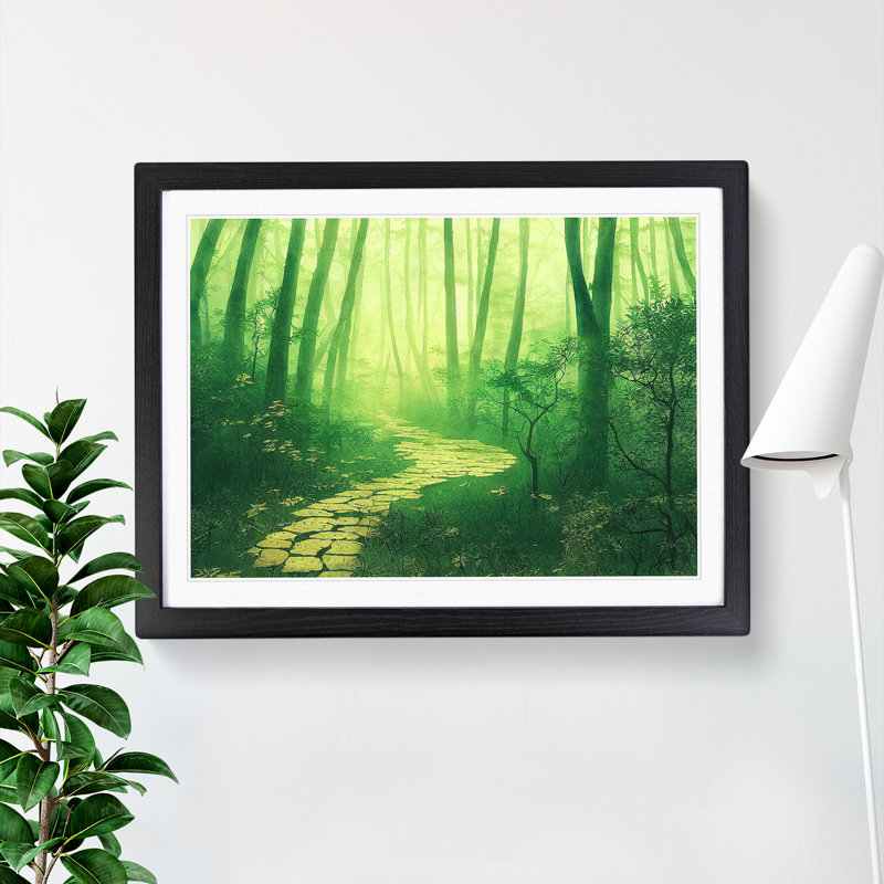 Japanese Forest In Watercolour - Single Picture Frame Print, Black, 46cm H x 64cm W x 2cm D