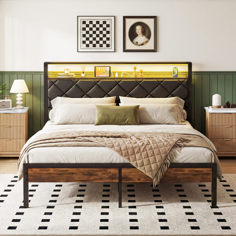Queen Bed Frame with Headboard PU Leather Upholstered Bed Frame Platform,All Metal Slats Support Platform Bed Frame with Storage Space,Easy Assembly,Noise Free,No Box Spring Needed,Black