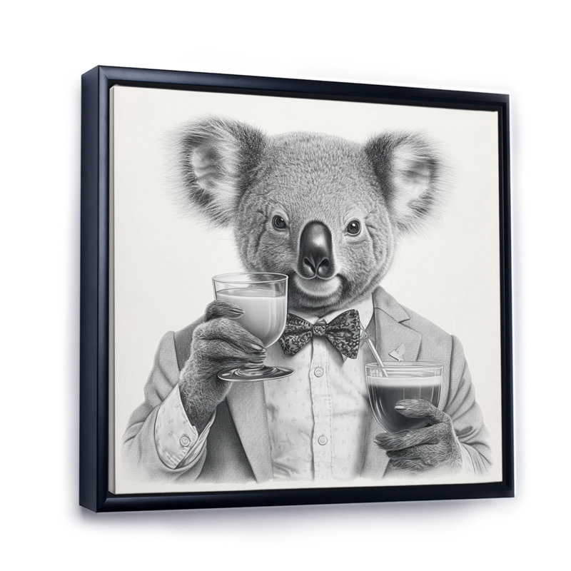 Koala ayant une boisson sur toile, H 30 po x l 30 po x P 1 po, Cadre flottant noir