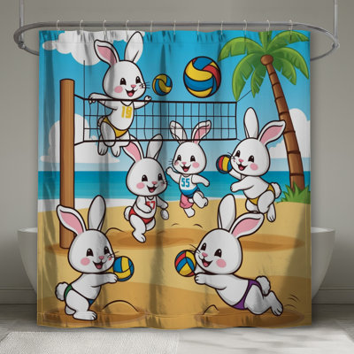 Cartoon Bunnies Playing Volleyball Shower Curtains Extra Long
