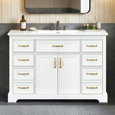 Meuble-lavabo de 47,8 po avec lavabo, armoire de salle de bain avec 6 tiroirs coulissants et 2 portes, charnières à fermeture en douceur, finition peinte lisse, fabrication robuste, blanc