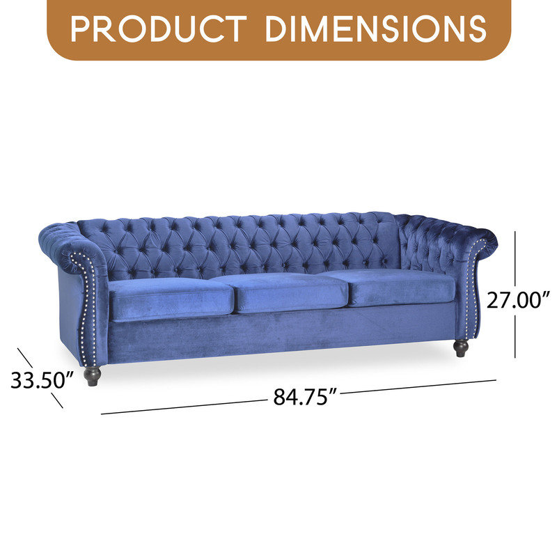 Canapé Chesterfield de 84 po, canapé capitonné 3 places avec garniture cloutée et accoudoirs à volutes, canapé de salon à profil bas