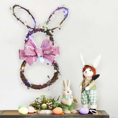 Easter Bunny Spring Wreath with LED Lights Easter Rabbit Door Wreath with Bow Eggs Hanging Bunny Wreaths for Front Door Easter Door Hanger for Spring Outdoor Wall Home Decoration