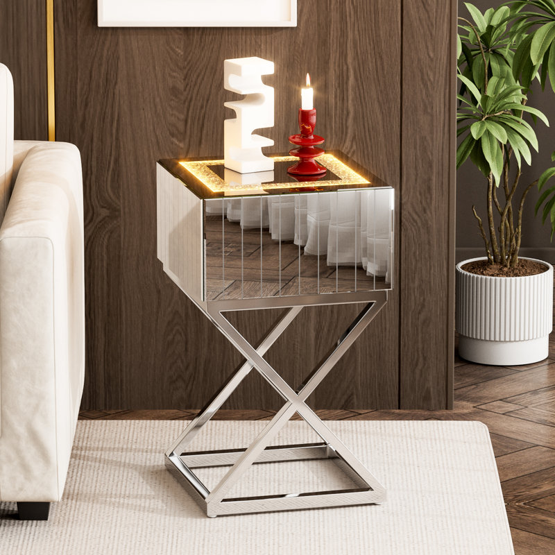 Table d'appoint miroir avec éclairage DEL, table de chevet miroir avec grand tiroir, table d'appoint argentée avec pattes en acier inoxydable pour salon, chambre et bureau
