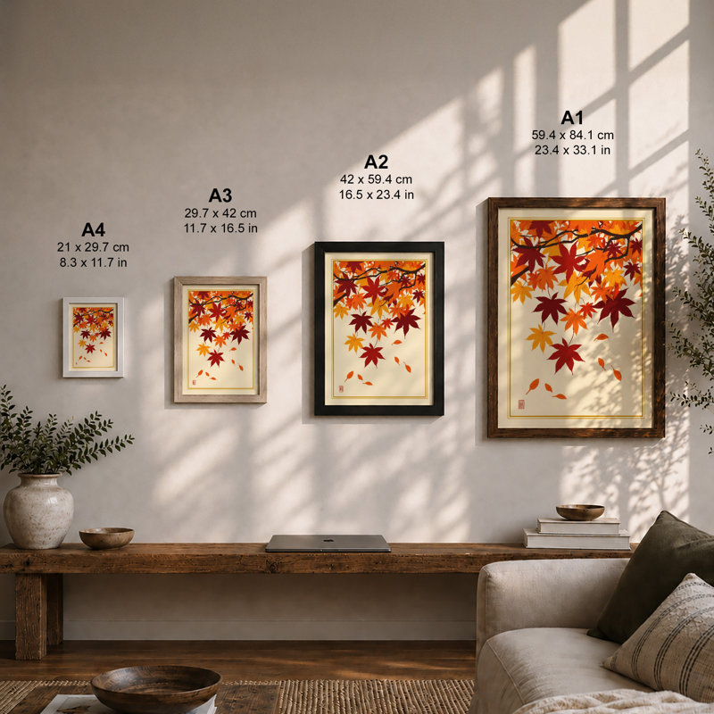 Falling Autumn Leaves Japandi - Framed Print, A4 - 29.7 x 21.0 cm, Black
