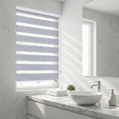 Shadesu Zebra Blinds for Windows, 26" W x 72 H, Grey, Dual Layer Free-Stop Zebra Shades, Light Control for Day and Night, Sheer Blinds for Indoor Windows, Bedroom, Kitchen
