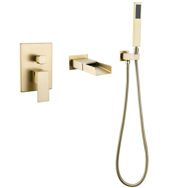 Waterfall Spout Wall Mount Tub Faucet With Hand Shower, Rough-In-Valve Include, Brushed Gold