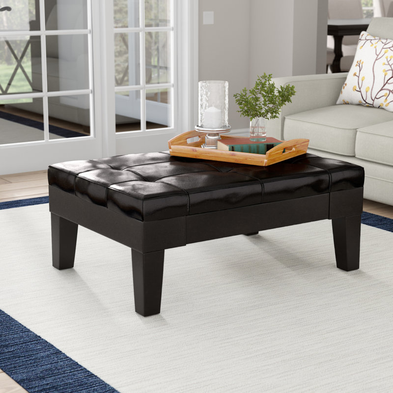 Brahmsley PU Leather Ottoman with Hidden Drawer & Wood Legs, Dark Espresso Faux Leather