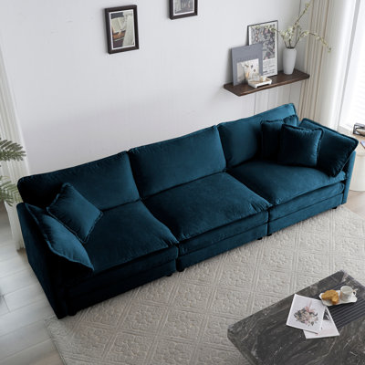 Salon Mid-Century moderne 3. Housse en chenille bleue, base en bois massif, éponge, expérience confortable en chenille douce, créant une ambiance relaxante
