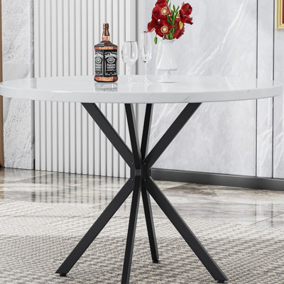 38.5" Round Dining Table Modern Style Kitchen Table With MDF Table Top And X-Shaped Pedestal Metal Legs, Small Circle Dining Room Leisure Table End Table For Home Office Conference, 2 To 4 People