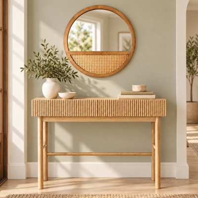 2-Piece Console Table and Rattan Wall Mirror Set