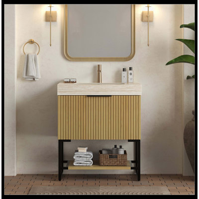 30" Freestanding Bathroom Vanity With Sink, Striped Plywood Cabinet With Drawer & Open Shelf, Roma Travertine Sintered Stone Top & Undermount Ceramic