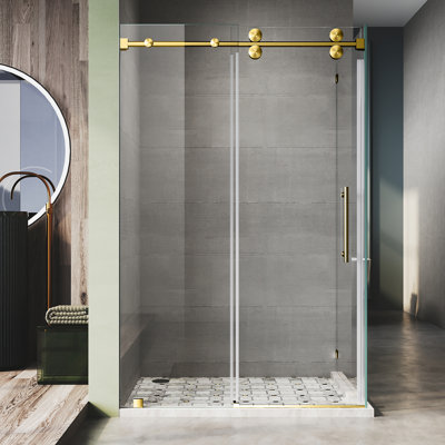50" to 55" W x 80" H Frameless Sliding Glass Shower Door, Satin Brass, 3/8" (10mm) Clear Glass with Enduro Shield, 37-1/8 to 38" Return Panel, Optional U-Channel or Clip Mount UKS04RP-55X38X80-SB