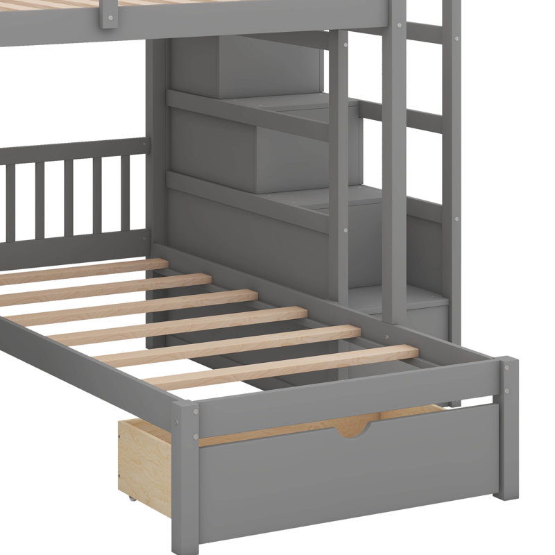 Lit superposé simple avec lit double, bureau intégré, tiroirs et étagère intégrée, Gris