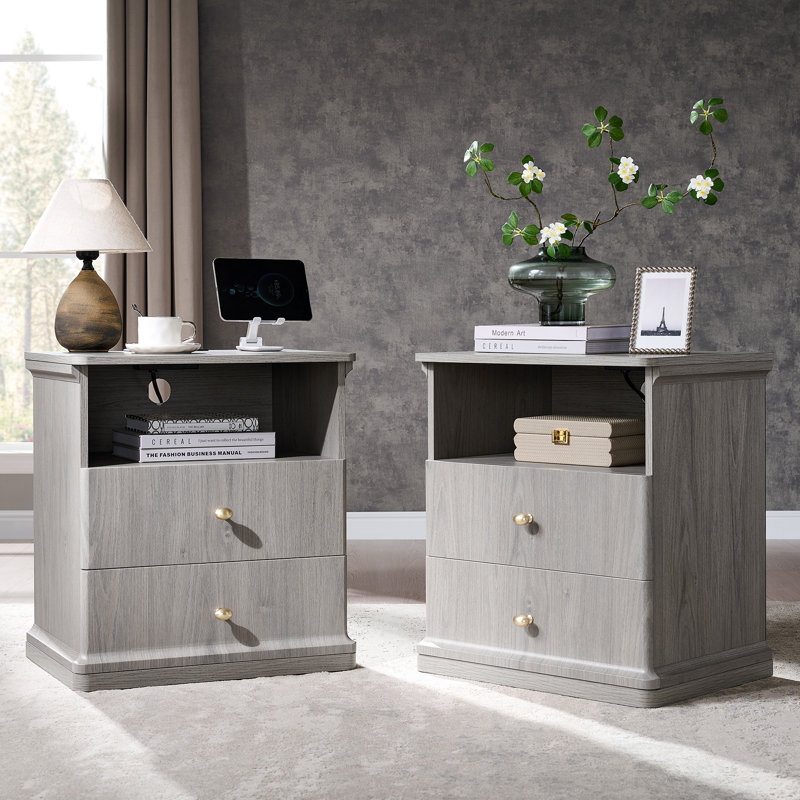 Ensemble de 2 tables de bout avec 2 tiroirs de rangement Abarca, 2 tables de bout modernes avec station de charge, chambre à coucher, salon, cascade courbée, gris