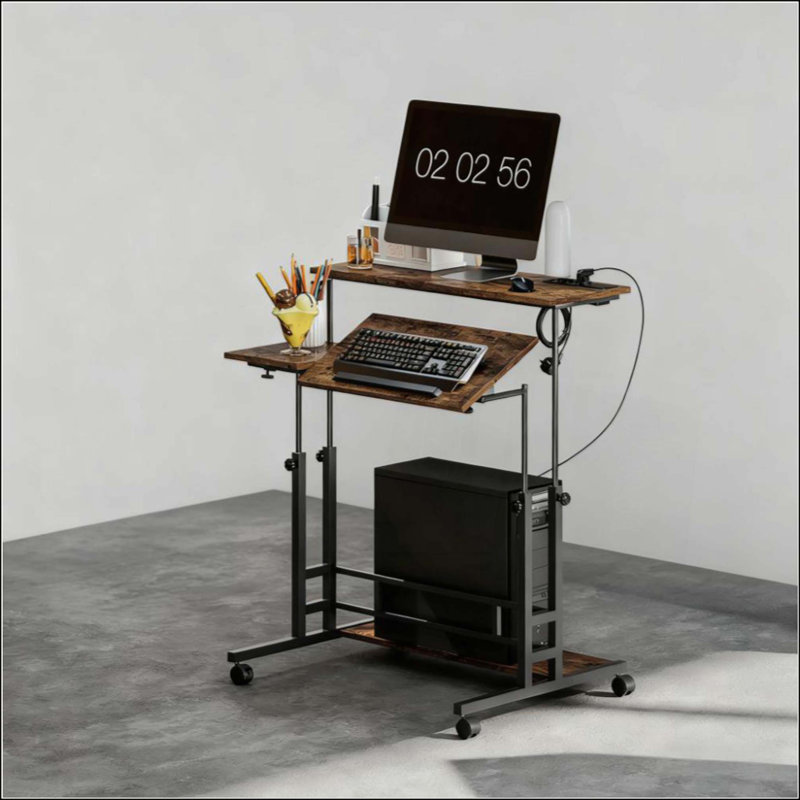 Bureau debout ajustable avec plateau inclinable, roulettes et tablette