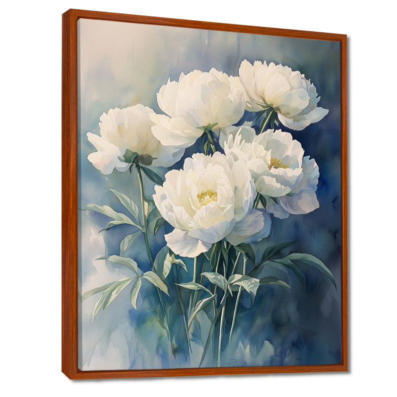 Aqua pivoines et ombres géométriques I - pivoines, art mural, H 40 po x l 30 po, Reproduction avec cadre flottant, Brun