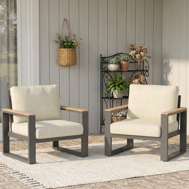 Chaise d'extérieur 2 pièces en aluminium avec accoudoirs en bois résistant à la chaleur et coussins moelleux, Beige