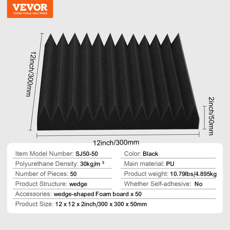 Paquet de 50 panneaux de mousse acoustique 12 x 12 x 2 po pour mur et plafond Studio