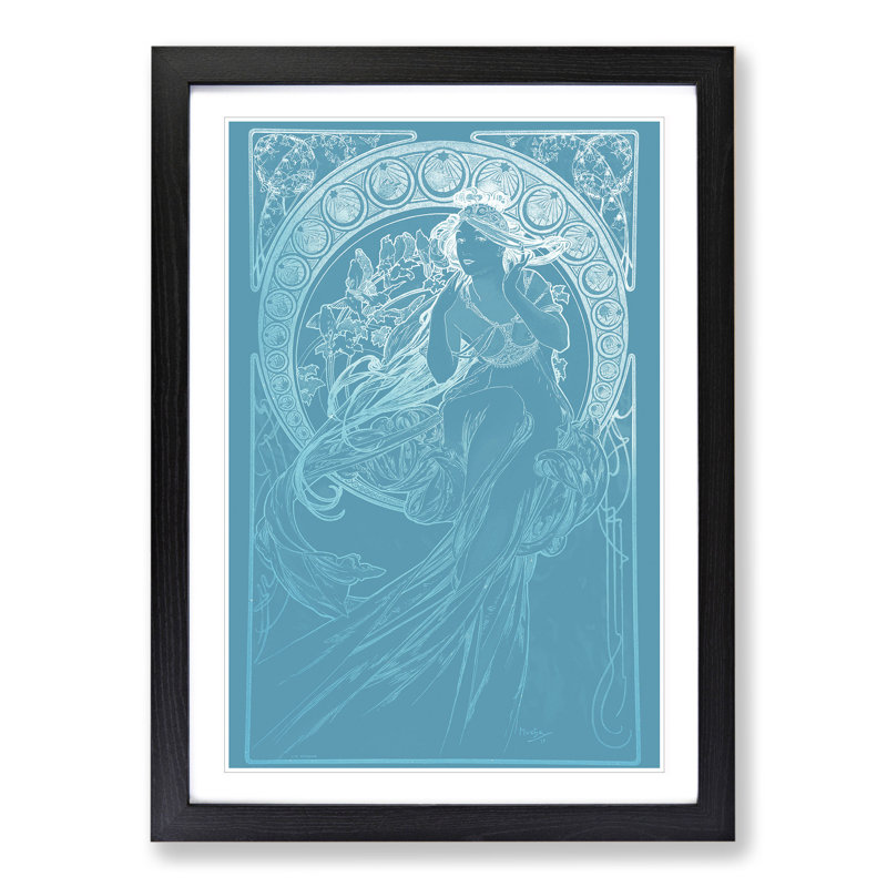 Mucha in Blue by Alphonse Mucha - Picture Frame Painting, Black Framed, 65cm H x 48cm W x 2cm D