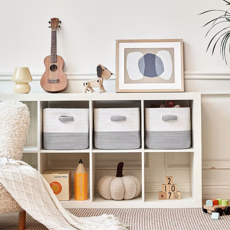 Bac de rangement en tissu Gracie Oaks, Gris / blanc