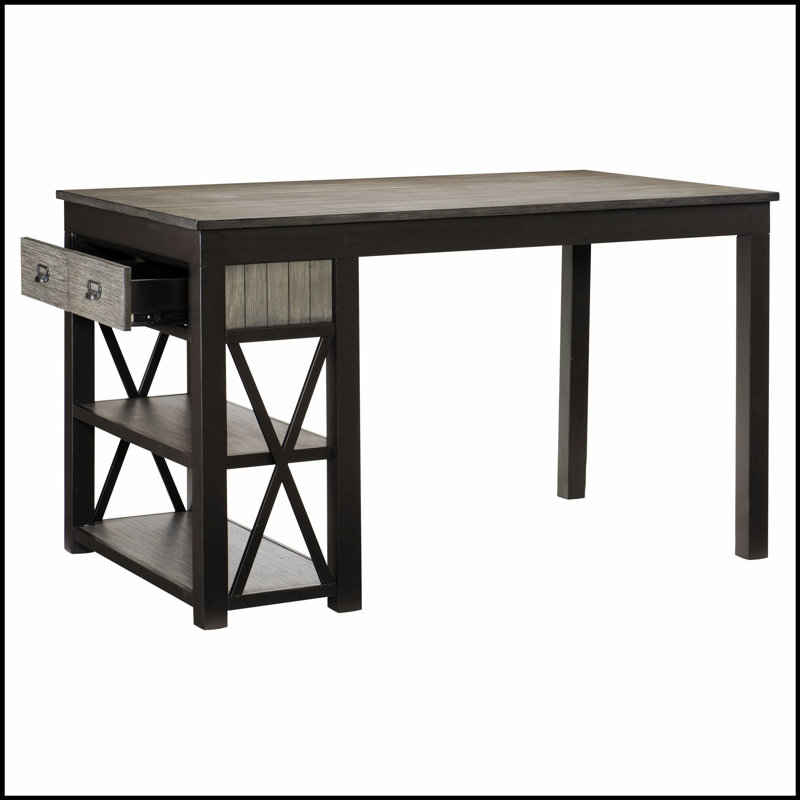 Table 1 pièce à hauteur de comptoir avec tiroirs de rangement et tablette de présentation au fini gris bronze pour un repas décontracté