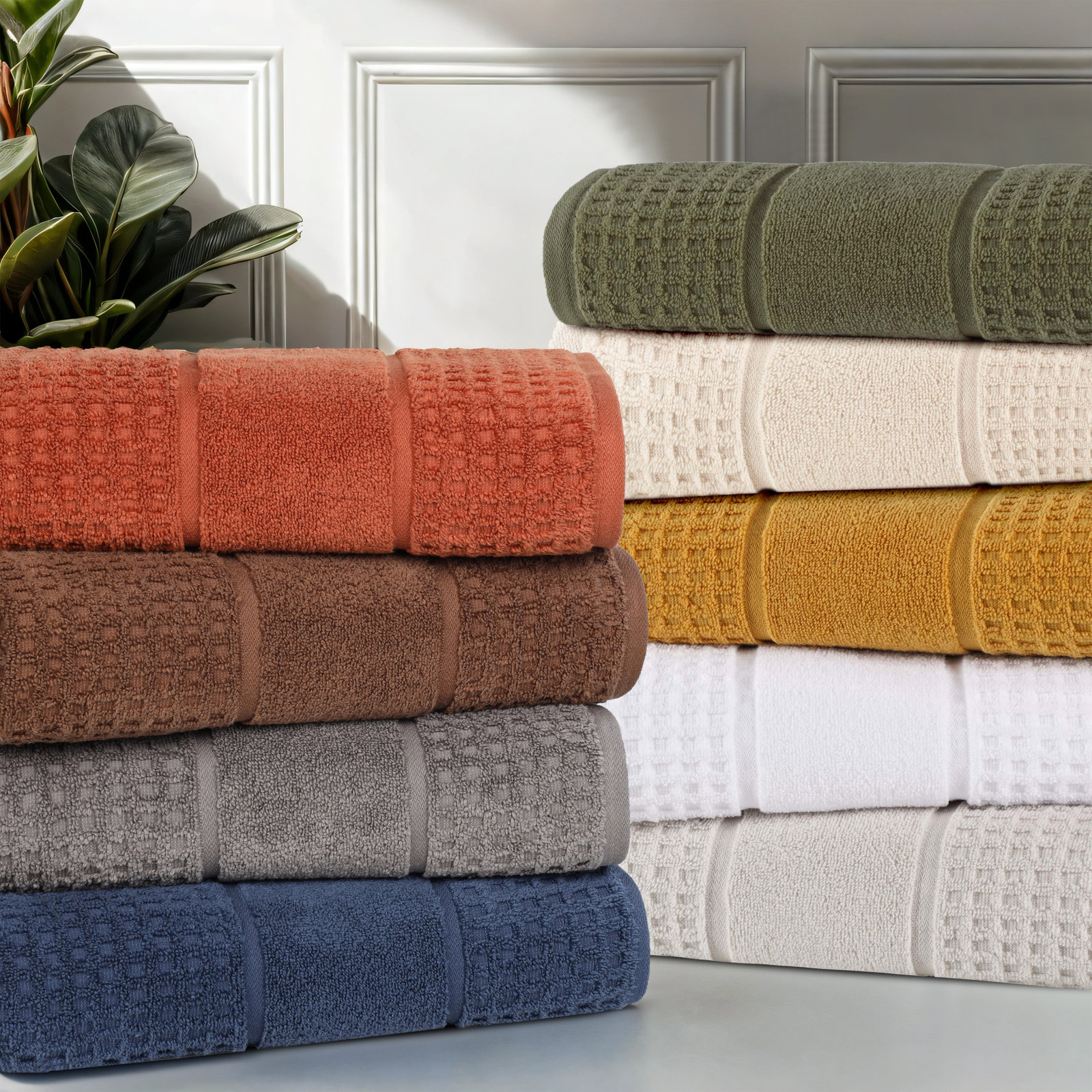 Hisela 3-Piece Waffle Cotton Towel Set, Ivory, 3 Piece Towel Set