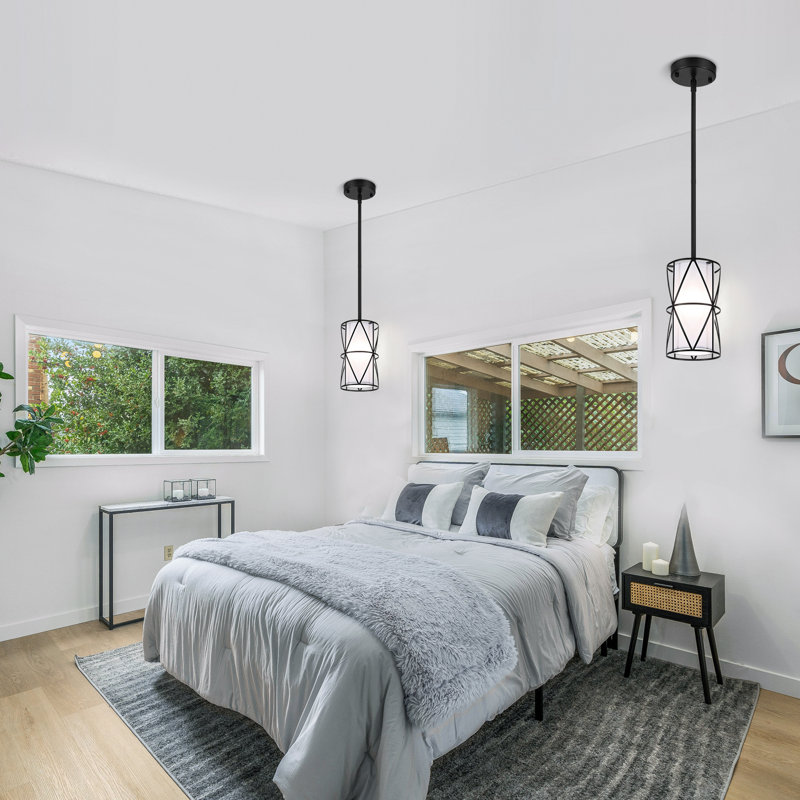 Luminaire suspendu cylindrique moderne à 1 lumière avec abat-jour en tissu blanc pour îlot de cuisine, Noir mat