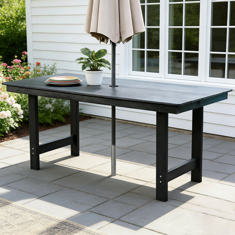 HDPE Outdoor Patio Dining Table with Umbrella Hole for 4–6 People, Black