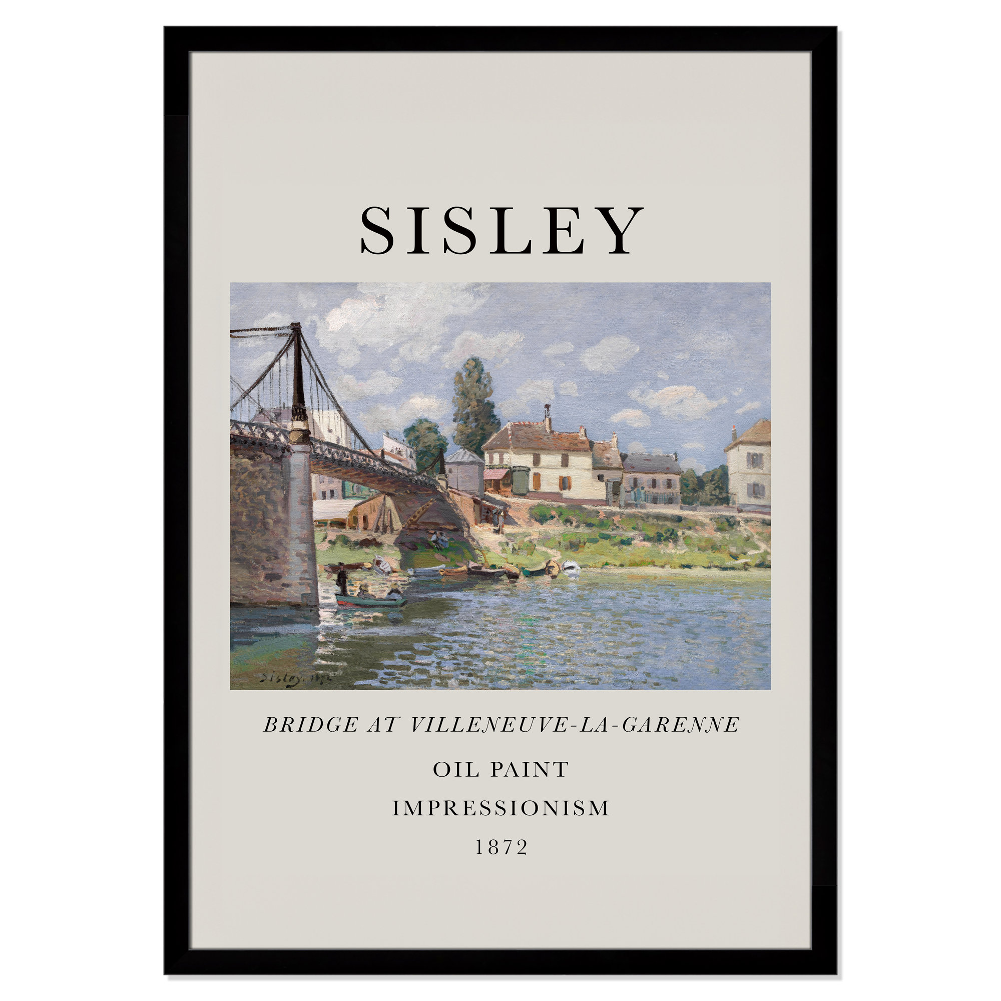 Old Masters Collection " The Bridge At Villeneuve " by Alfred Sisley, Black Single Picture Frame, No, 55" H x 39" W x 1.25" D