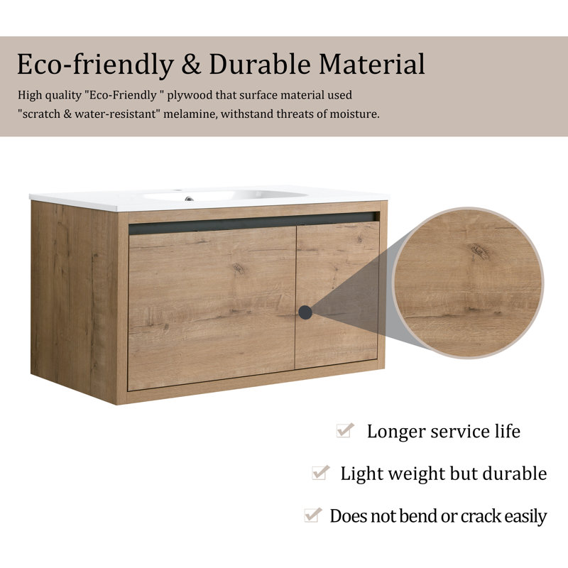 Meuble-lavabo simple 36,07 po avec plateau en résine Tammey, Chêne