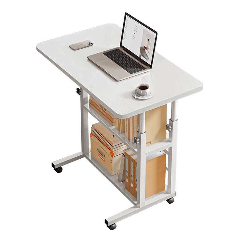 Height Adjustable Computer Desk Mobile Table with Shelves, White